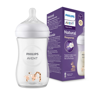 Avent Natural Biberon din plastic Deco Girafe +1 luni cu debit 3, 260 ml