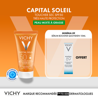 Vichy Capital Soleil Émulsion Toucher Sec SPF50 Peau Sens Mixte à Grasse 50ml = Minéral 89 sérum 10ML OFFERT