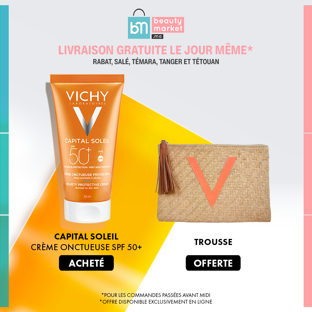 VICHY CAPITAL SOLEIL CREME ONCTUEUSE PEAU NORMALE A SECEHE SPF 50+ -50ML = Trousse OFFERTE