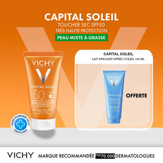 Vichy Capital Soleil Émulsion Toucher Sec SPF50 Peau Sens Mixte à Gras = Lait Après-Soleil Offerte