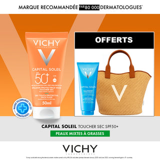 Vichy Capital Soleil Émulsion Toucher Sec SPF50 Mixte à Gras = Après Soleil 100 ml + Sac OFFERTS