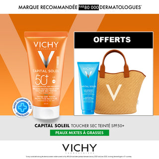 VICHY CAPITAL SOLEIL ÉMULSION TOUCHER SEC SPF50 MIXTE À GRAS TEINTÉE = APRES-SOLEIL 100ML + SAC OFFERTS