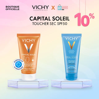 Vichy Capital Soleil Émulsion Toucher Sec SPF50 Peau Sens Mixte à Grasse 50ml  = Lait apaisant Après Soleil 100 ml OFFERT