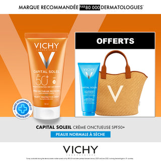 VICHY CAPITAL SOLEIL CREME ONCTUEUSE PEAU NORMALE A SECEHE SPF 50+ 50ML = SAC + APRES SOLEIL 100ML OFFERTS