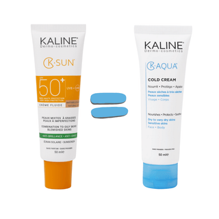 Pack KALINE K-SUN Peaux Mixtes à Grasses Naturelle Claire SPF 50 + K-Aqua Cold Cream Offerte – protection solaire matifiante et hydratation K-Sun Maroc, parapharmacie Beautymarket Maroc