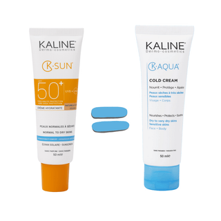 Pack KALINE K-SUN Peaux Normales à Sèches Naturelle Dorée SPF 50 + K-Aqua Cold Cream Offerte – crème teintée solaire et hydratante K-Sun Maroc, parapharmacie Beautymarket Maroc