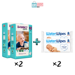 Bambo Nature 3 Couches Taille M (4-8kg) 52 Couches x2 + WaterWipes Lingettes Bébé 60 Pièces x2