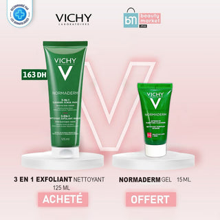 Vichy Normaderm 3 en 1 Exfoliant + Nettoyant + Masque – 125 ml = Normaderm GEL 15 ML OFFERT