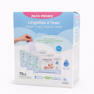 GILBERT PACK PROMO LINGETTES À L’EAU  3*70U  (-50% SUR LA 3 EME LINGETTE)
