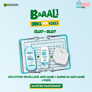 GARNIER Fast Clear - Solution Micellaire ANTI ACNE 400ml + Super UV Serum Sunscreen SPF50+ PA++++ – Peaux à Imperfections & Anti-Acné = Pads OFFERTS