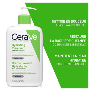 Cerave Crème Lavante Hydratante 473 ml = 3 Baume hydratant 15 ML + Creme lavante 20ml offerts