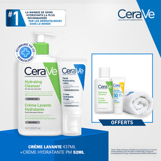 Cerave crème lavante hydratante 473 ml + crème hydratante pm 52 ml = Serviette + crème lavante 20ML + Fluide hydr 5Ml OFFERTS