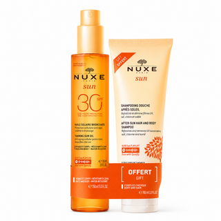 NUXE Sun Pack Huile Solaire Bronzante SPF30 150ml = shampooing douche  Après-Soleil 100ml Offert