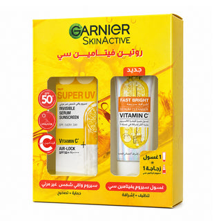 Garnier Pack Fast Bright Serum Cleanser Vitamin C 100ml + Super uv invisible sunscreen spf 50