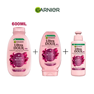 Garnier Ultra Doux Coffret Grape Moisture – Routine Hydratante Shampo 600ML + Apre Shampo 200ML + Crème de Soin 2en1