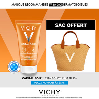 VICHY CAPITAL SOLEIL CREME ONCTUEUSE PEAU NORMALE A SECEHE SPF 50+ 50ML = Sac offert