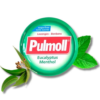 Pulmoll Eucalyptus Menthol Sans Sucres 45 g, boîte de pastilles rafraîchissantes sans sucres, BeautyMarket parapharmacie Maroc.