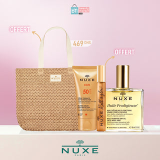 NUXE PACK Huile Prodigieuse 100 Ml +Crème Solaire Fondante SPF50 50ML = Roll-On Or 8ml + Sac OFFERTS