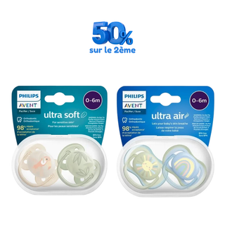 AVENT Sucette Air 0-6M Boy + Sucette Soft 0-6M Boy – 50% sur le 2ème