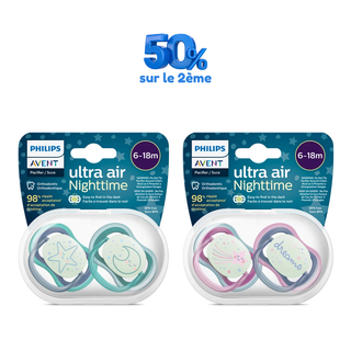 AVENT Sucette Air Nighttime 6-18M Boy + Sucette Air Nighttime 6-18M Girl -50% sur le 2ème