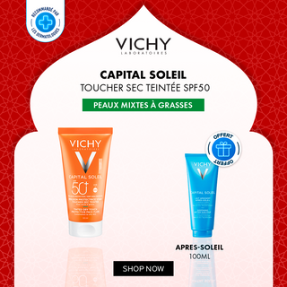 VICHY CAPITAL SOLEIL ÉMULSION TOUCHER SEC SPF50 PEAU SENS MIXTE À GRAS TEINTÉE = APRES-SOLEIL 100ML OFFERTE