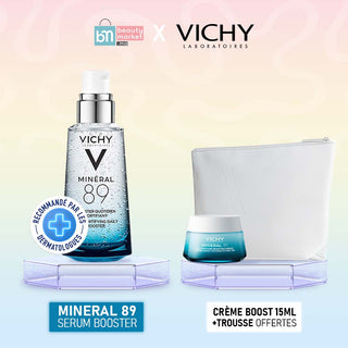 Vichy Minéral 89 Sérum Booster hydratant fortifiant et repulpant 50 ml = Crème Minéral 89 boost 15ML + Trousse OFFERTE
