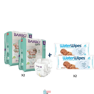 OFFRE X2 Bambo Nature Couches 4 + X2 WATERWIPES Lingettes Bébé 60 Pièces